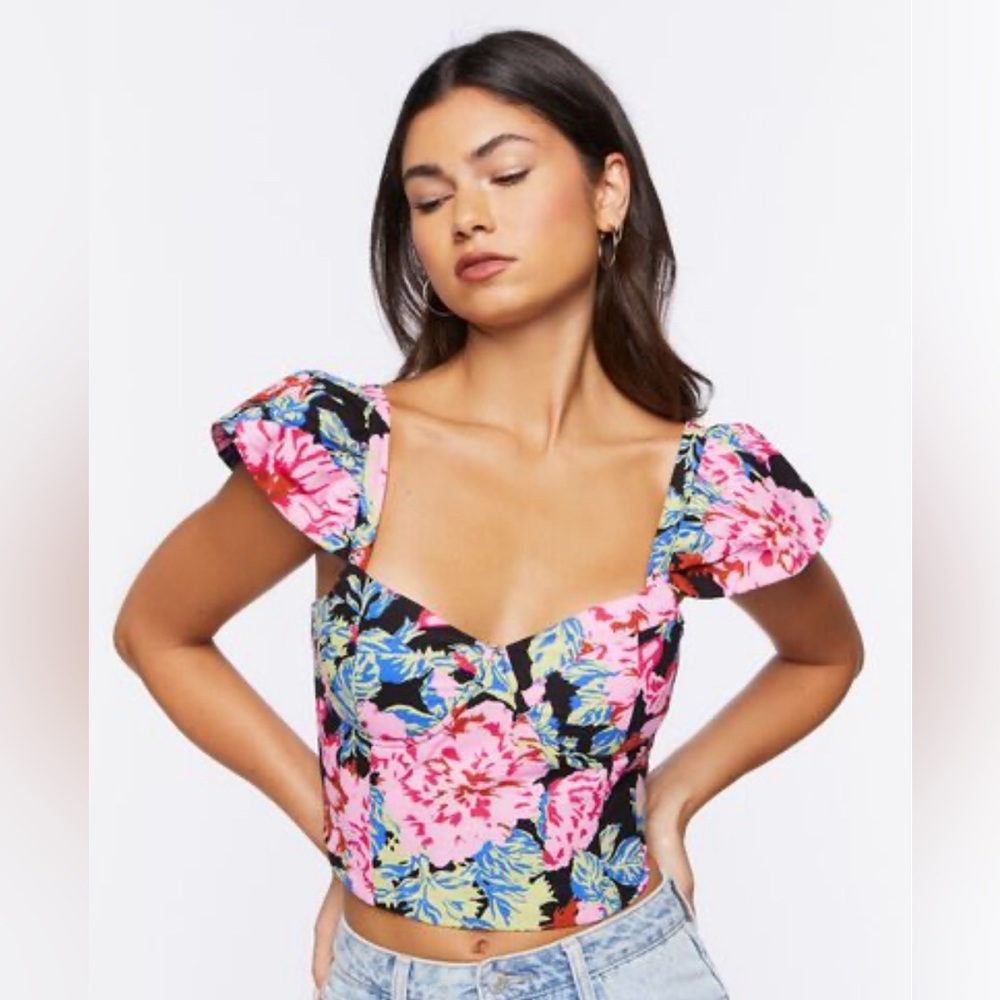 Floral Cap-Sleeve Crop Top